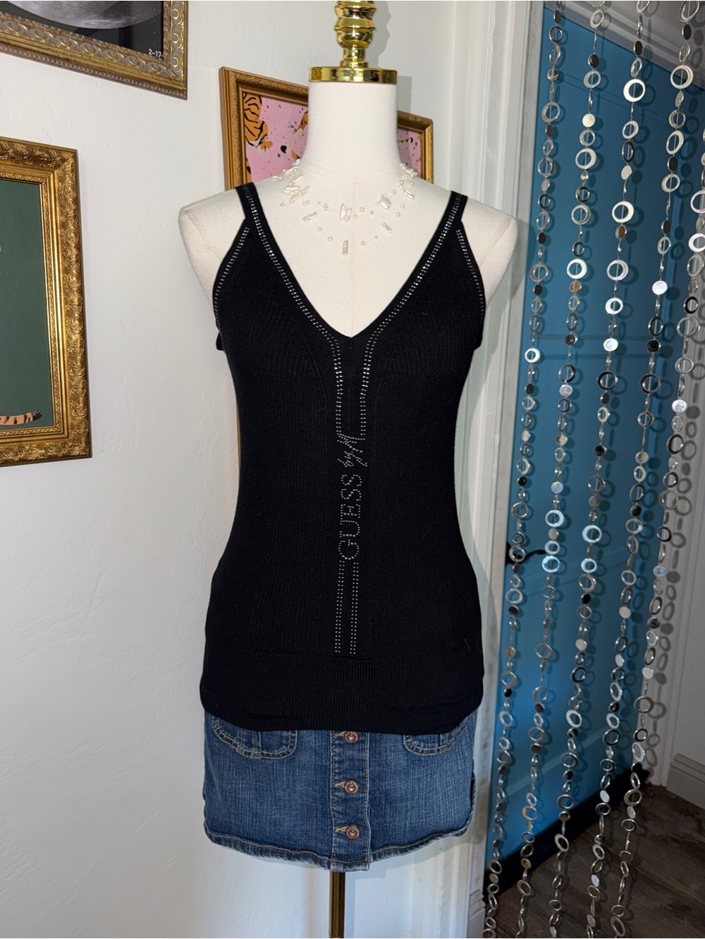 Vintage Y2K GUESS Black Knit V-Neck Tank Top